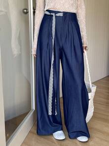 DAZY 女士褶裥直筒宽松休闲日常裤 - 藏蓝色 - 查看 5