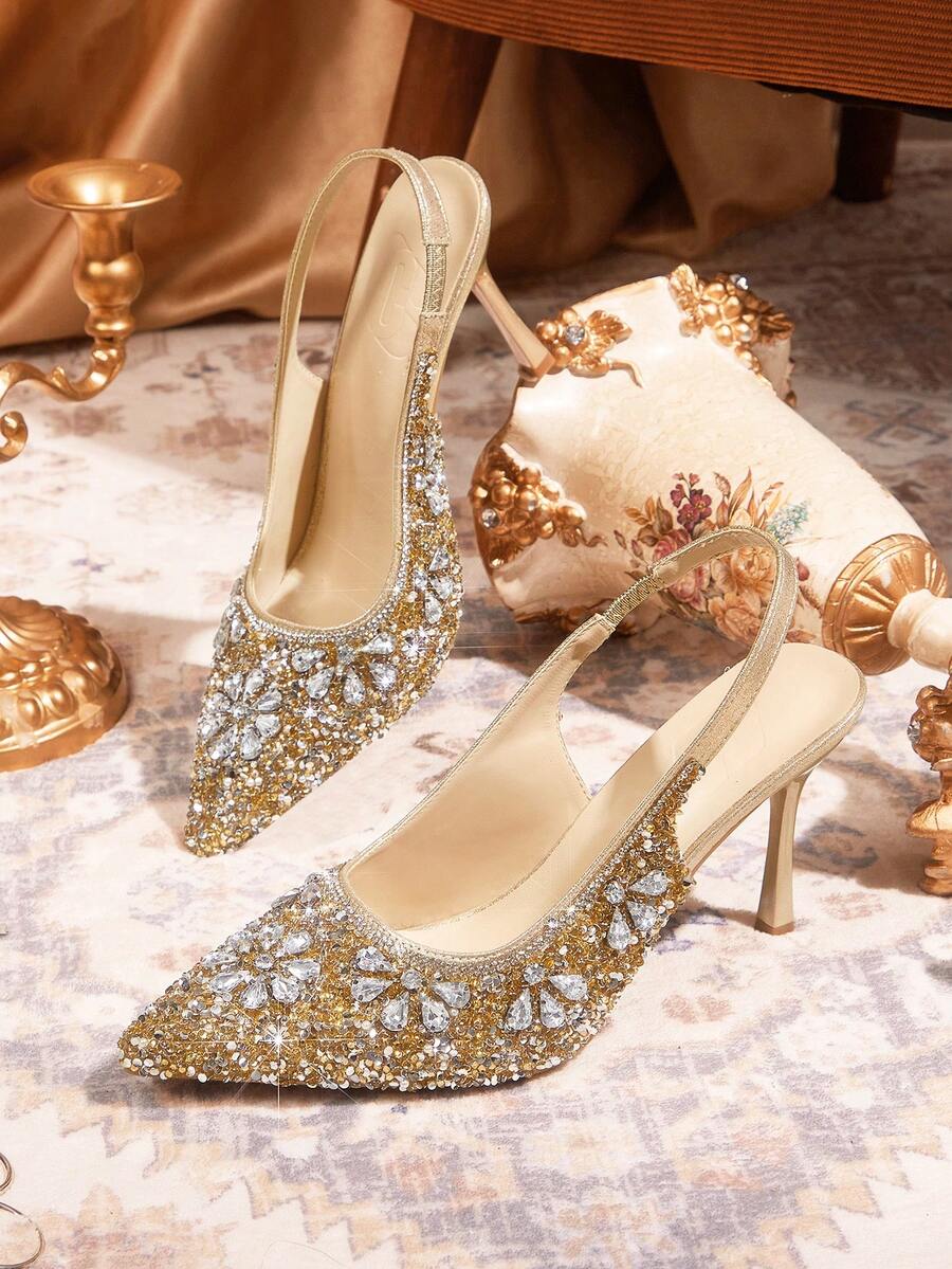 CUCCOO TILAWA Women Shoes Women's Fashion Pointed Metal Rhinestones Sparkling Evening Wedding Lightweight Daily Commuter Party Wind Outdoor Pedal Stiletto High Heel Shoes - Gold - View 1
