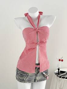 Sweetra Plaid Bandeau Top, Versatile Backless Sexy Crop Top - Red - View 3