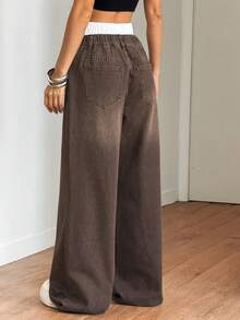 SHEIN Tall 夏季女式牛仔裤低腰宽松直筒裤双腰直筒裤拼接直筒裤 - 棕色 - 查看 2