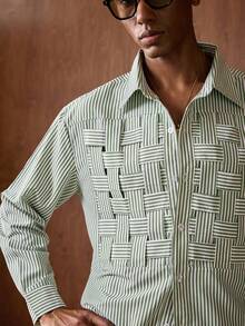 Business Casual Áo sơ mi nam kẻ sọc dệt kim kiểu dáng thường ngày, thích hợp cho việc đi làm. - xanh quân đội - Xem 6