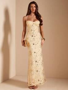 SHEIN BAE 杏色重工串珠刺绣露背系带美人鱼礼服，优雅长裙，适合宴会、派对、婚礼伴娘、生日、毕业典礼等场合。 - 杏色 - 查看 3