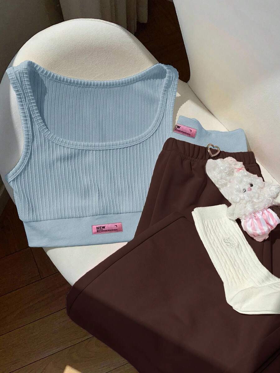 Comfortcana Set de 2 piezas con top de tirantes con estampado de letras y pantalones con bloques de color contrastante, color amarillo crema, conjunto de ropa de verano para vacaciones - Multicolor - Ver 1