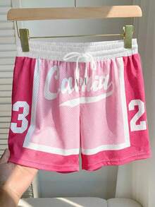 Comfortcana Quần short nữ màu hồng in chữ tương phản, thích hợp mặc hàng ngày, làm quần short bóng rổ hoặc quần cargo. - Hồng - Xem 3