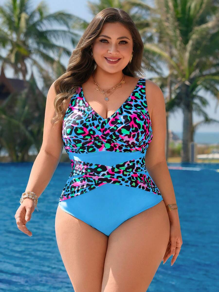 Swim Lushoire 大码女式V领豹纹拼接连体泳衣,适合海滩、春夏穿着 - 彩色 - 查看 1