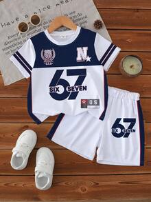 SHEIN Explorewe 1 Set Tween Boys' Casual Sports Style White & Blue Number 67 SIX SEVEN Print Short Sleeve T-Shirt And Shorts Set, Suitable For Daily Sports & Leisure Wear, Summer Outfits - Multicolor - View 3