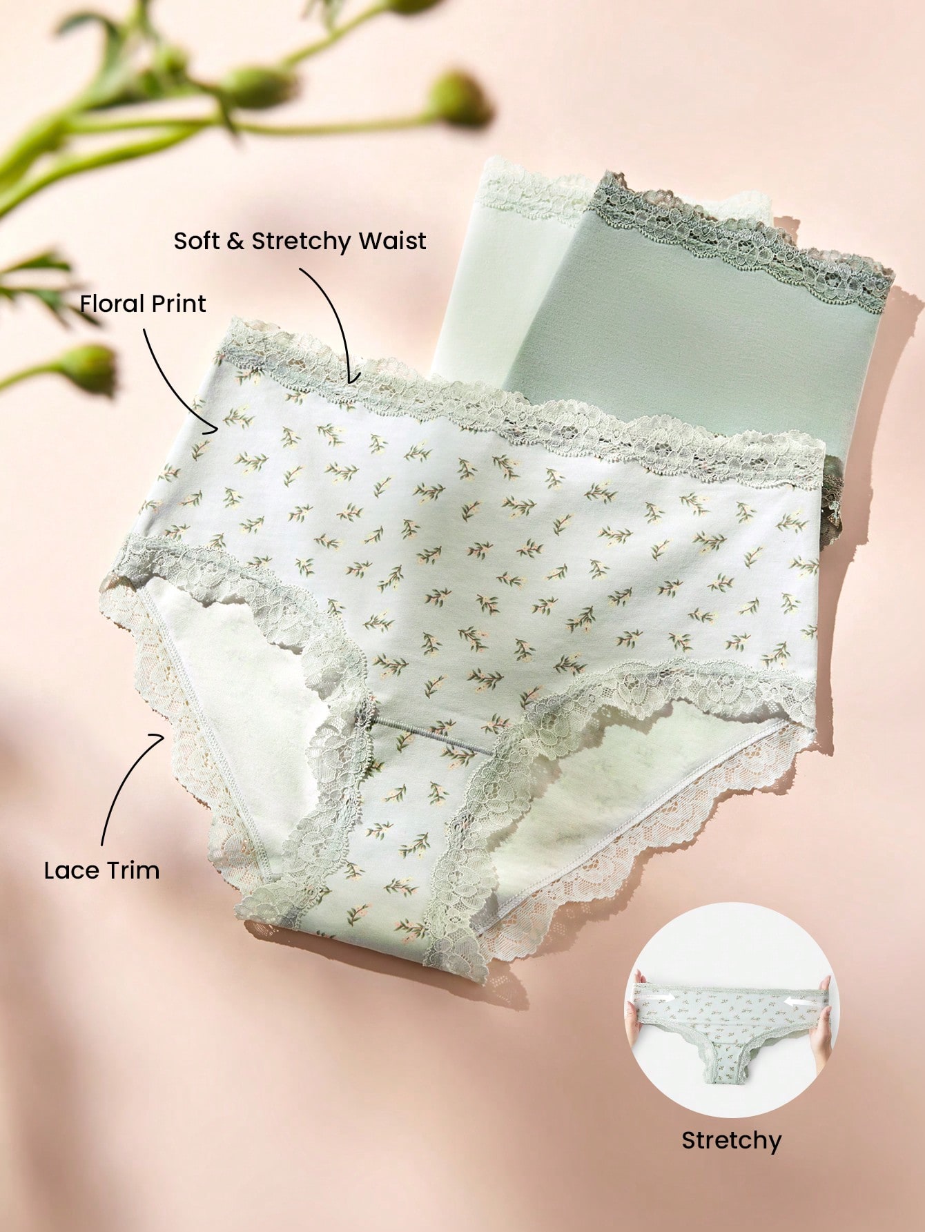 3er-Pack Baumwoll-Höschen mit Spitzenbesatz, Mittlere Taille, Grundmodell - Blume Muster mit Spitzenbesatz - Grün