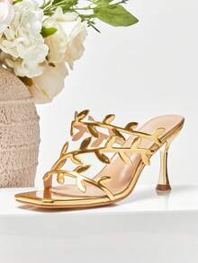 SHUZIA 女士优雅花卉镂空细高跟套脚凉鞋 - 金色 - 查看 4