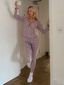 DAZY 2pcs Floral Contrast Trim Fitted Long Sleeve Top And Pants Pajama Set, Autumn - Dusty Purple - View 5