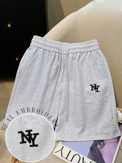 Resyla 女士黑色纽约字母刺绣直筒宽松薄款百慕大短裤，薄款运动裤，休闲百慕大短裤，优雅舒适设计，休闲户外运动裤，浅灰色休闲短裤