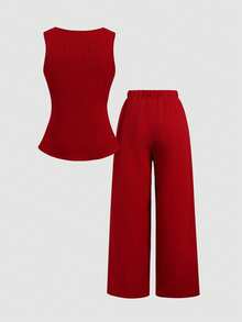 SHEIN Tween Girls' Casual Elegant Commuter Street Fashion Woven Solid Color Button Front Sleeveless Vest Top And Straight Leg Pants Set, Red,Kids - Red - View 3