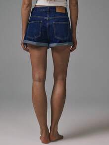 MUSERA Mid Waist Turn Up Hem Classic Denim Shorts Basics Autumn  Fall Cute Streetwear Going Out Casual Core Denim Spring Summer - Dark Wash - View 5