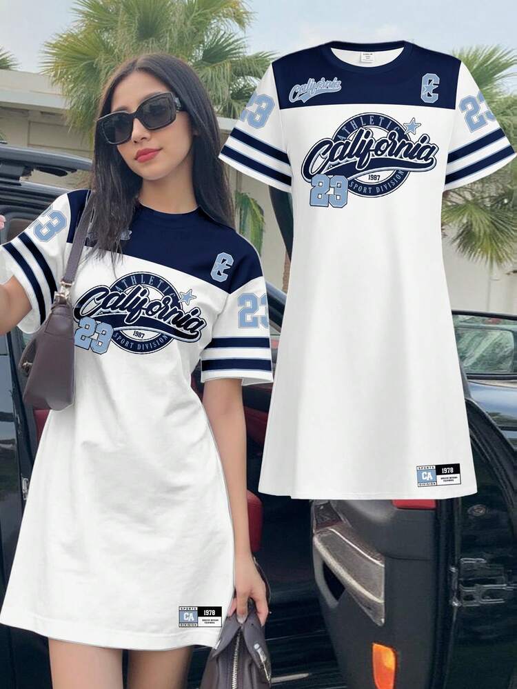 Teen Girl Summer Casual Commuting Sweet School Style Letter & Number Print Contrast Color Short Sleeve T-Shirt Dress - White - View 1