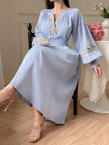 DAZY 女士休闲刺绣套头卫衣和A字裙两件套，春夏款 - 藍色 - 查看 1