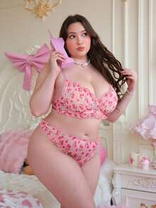 PetitDoll 2pcs Cherry Blossom Print Plus Size Lingerie Set, Semi-Sheer - Pink - View 3