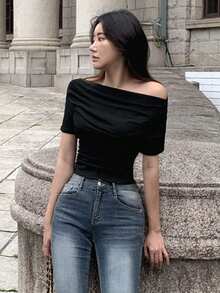DAZY Women's Solid Color Off-Shoulder Pleated Fitted Short Sleeve T-Shirt, Spring/Summer - Black - View 3