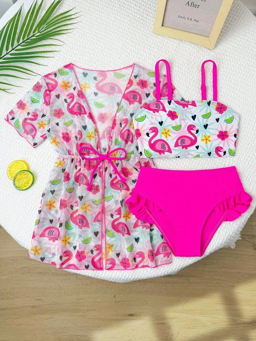 SHEIN 少女三件套泳衣，可爱火烈鸟印花，时尚休闲优雅泳装，适合游泳、度假和夏季穿着 - 粉色 - 查看 1