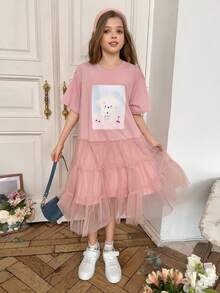 DAZY Đầm ngắn tay cổ tròn dệt kim in họa tiết phối lưới tương phản cho bé gái, trang phục mùa thu hè. - Hồng - Xem 3