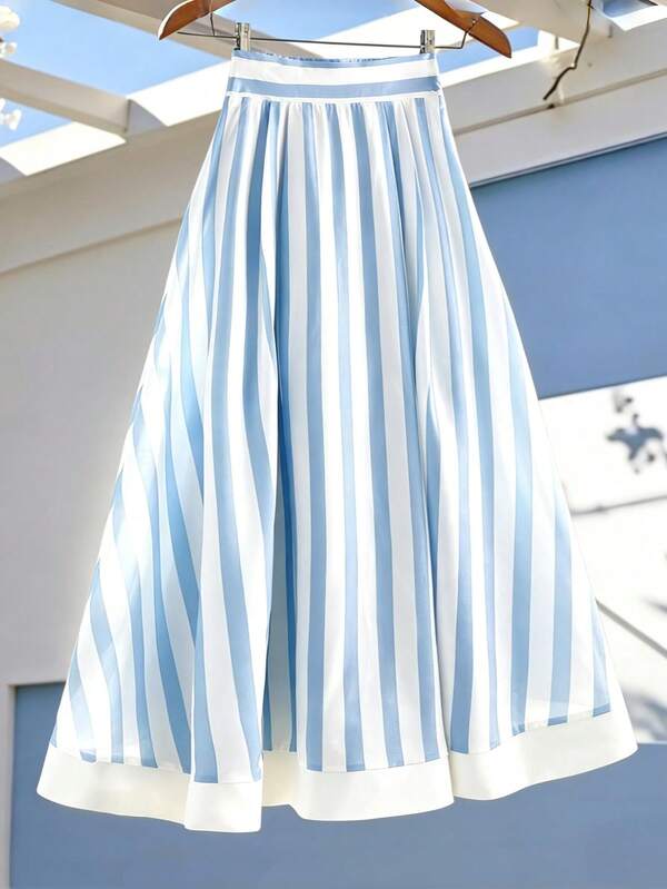 GlowEve Women's Casual Blue And White Striped Skirt