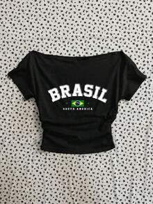 Attitoon Letter Graphic Off Shoulder Tee - Black - View 4