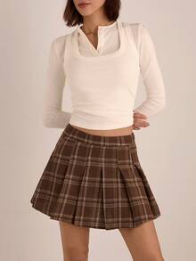 Easelle Brown Plaid Mini Skirt (Women's), Pleated Midi Skirt, Retro Casual Brown, Spring/Summer 2026. - Brown - View 4