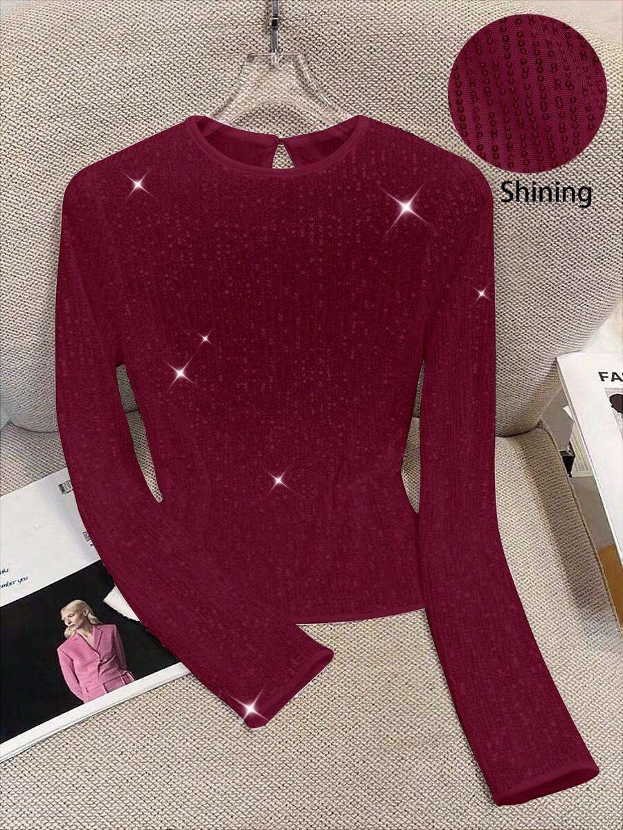 GlowEve 女士长袖亮片弹力修身优雅T恤上衣 - 紅色 - 查看 1