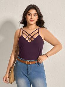 SHEIN LUNE Áo tank top nữ cỡ lớn không tay, dây mảnh, kiểu dáng tối giản, thoải mái, thích hợp cho mùa hè, với phần lưng đan chéo. - Màu tím - Xem 5