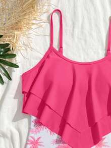 SHEIN Teen Girl Ruched Ruffled Trim Minimalist Comfortable One-Piece Swimsuit - Pink - View 4