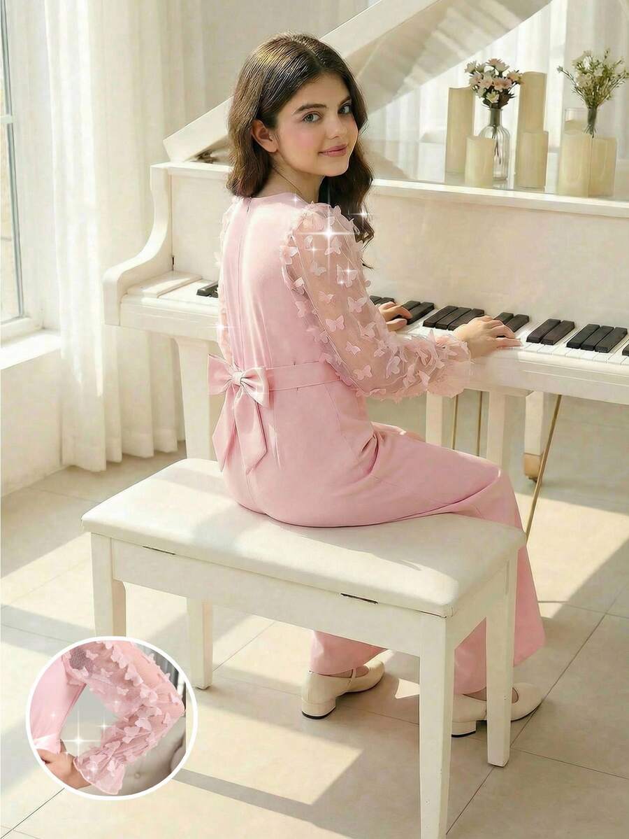 Girls' Elegant Lace Mesh Long Sleeve Jumpsuit, Suitable For Party, Gathering, Outing - Pink - View 1