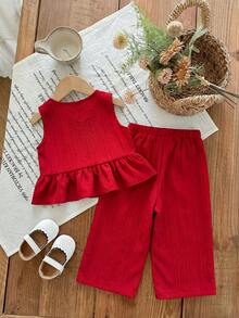 SHEIN LMoss Kids 女婴可爱休闲红色绉纱蝴蝶结装饰吊带背心和松紧腰裤套装 - 紅色 - 查看 2