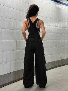 StreetHx 女士纯色方领无袖休闲牛仔连体裤，时尚夏季 - 黑色 - 查看 2