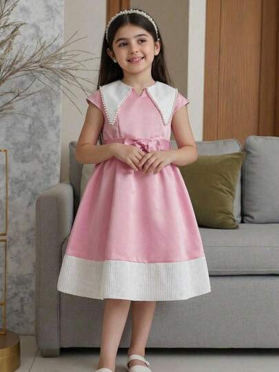 SHEIN Tween Girl Elegant Collared Color Block Ruffle Hem Dress