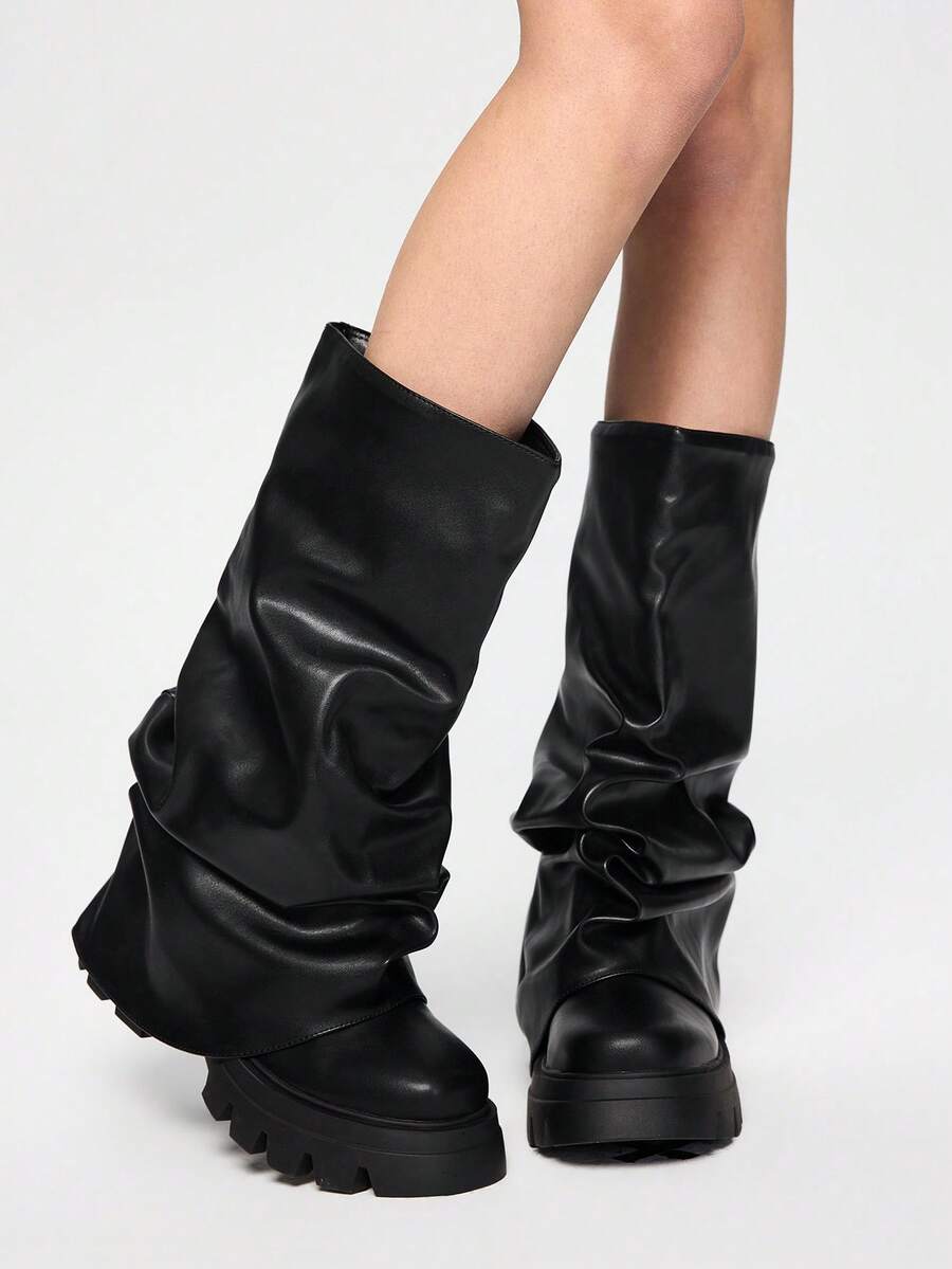 ROMWE Goth New Round Toe Platform, Silver Pleated, Slip-On, Fashion Show, Women Ankle Boots, Hiking Boots