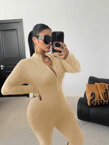 POPSWAY 加大码黑色长袖连体裤，前拉链，腰部收紧，修身剪裁，纯色，百搭，日常穿着 - 卡其色 - 查看 5