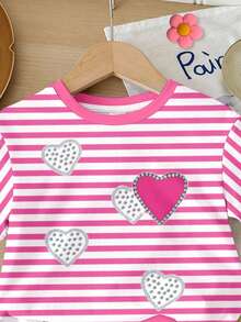两件套女童休闲条纹短袖上衣和爱心印花短裤，可爱甜美的粉色，适合夏季穿着 - 彩色 - 查看 6