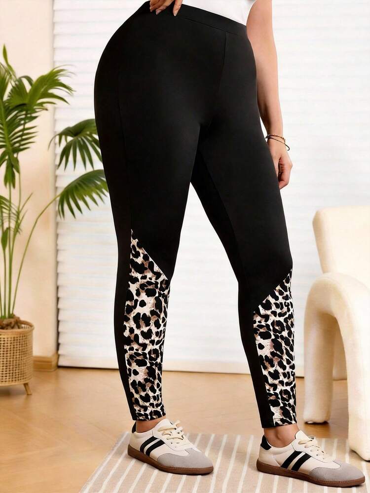 Plus Size Women's Black Leopard Print Leggings,High Stretch Animal Print Contrast Smart Casual Gym Pants,Summer Vacation Everyday Fashionable Wear