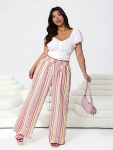 Solflare 春夏新款休闲百搭条纹奶油草莓冰淇淋黄棉混纺宽松长裤，适合户外、日常、派对、音乐节、返校、毕业、度假、街头穿搭、探索、城市漫步等多种场合，可外穿或内搭。 - 彩色 - 查看 6