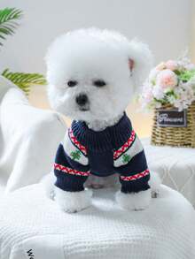 PETSIN 1pc Universal Clothes For Cats And Dogs, Jacquard Bear Cartoon Pattern Knitted Sweater, Warm In Spring And Autumn Winter - navy blue white - View 7