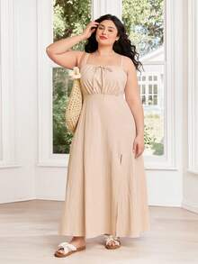 Solflare Summer Boho Plus Size Maxi Dress,Beige Cotton Spaghetti Strap Ruched Bust High Slit Vacation Holiday Dress For Women,Casual Soft & Comfortable Gown - Apricot - View 7