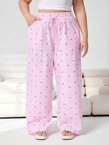 Solflare Quần ống rộng kẻ sọc toàn thân dáng casual dễ thương, có dây rút, cỡ lớn - Nhiều màu - Xem 5