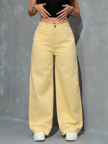 Jeanoix Women's Casual Solid Color Slant Pocket Straight Leg Jeans - Mustard Yellow - View 3