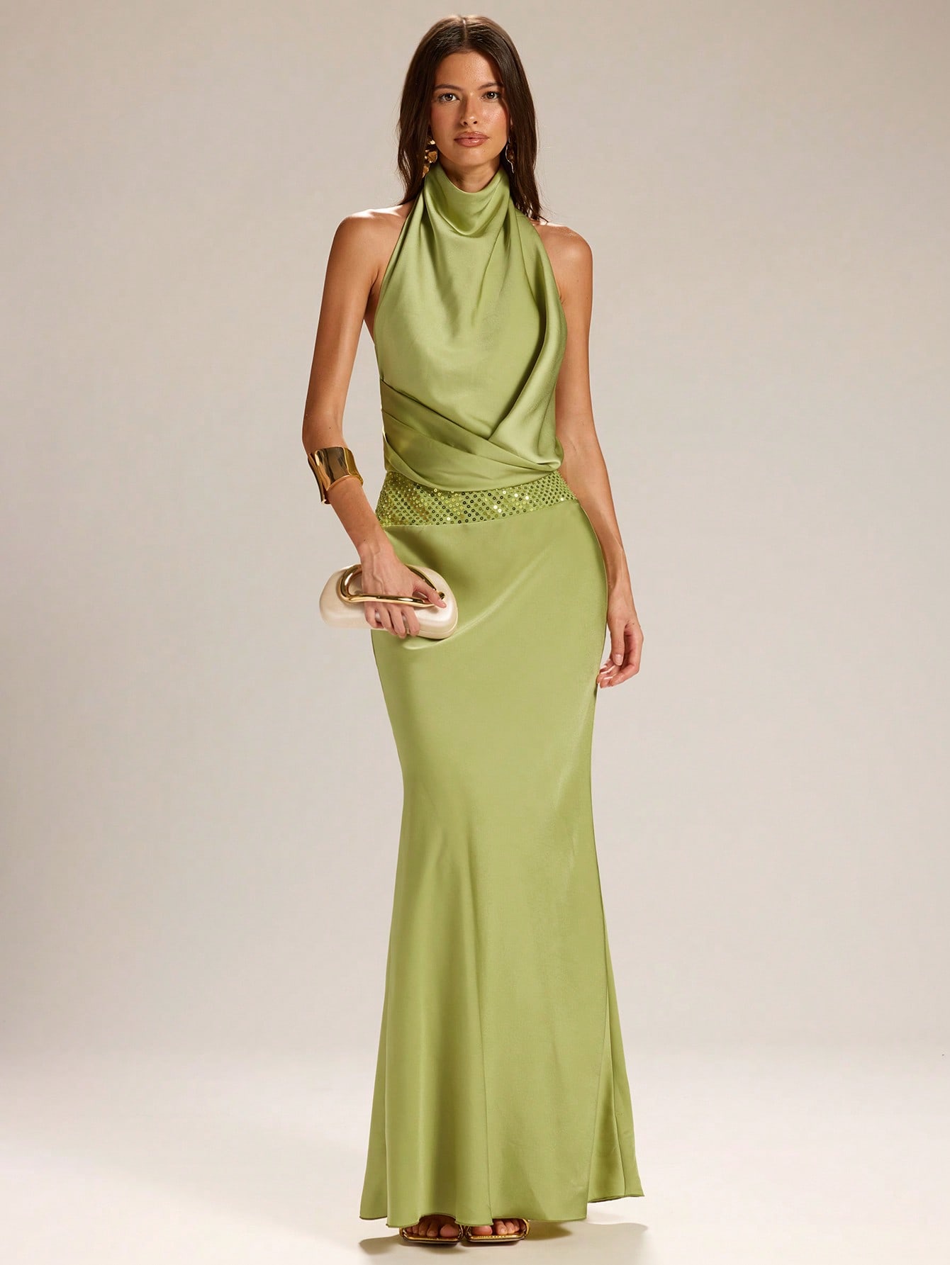 SHEIN BAE فستان نسائي أخضر من الساتان بياقة حلقية...