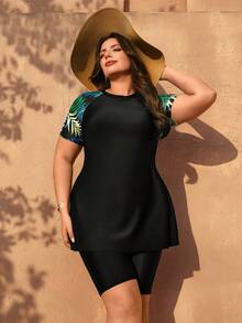 Swim Mulvari Casual Plus Size Knitted Fabric Multicolor High Neck Burkinis With Plants Pattern Regular Sleeve And Long Shorts - Multicolor - View 5