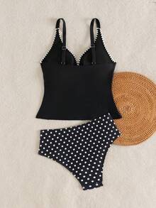 Swim Lushoire 女士印花可调节肩带吊带背心式上衣和波点印花吊带背心式下装泳衣套装 - 黑色 - 查看 5