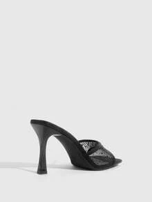 CUCCOO SZL Women's Fashion Square Toe High Heel Black Mesh Rhinestone Open Toe Sandals, One-Piece Slip-On Dress Sandals, Stylish Glamorous Sexy Party Heels Spring Shoes - Black - View 8