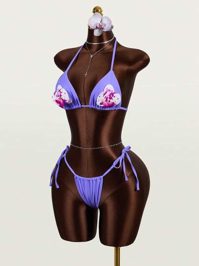 Zestiva 26SS Women's Spring/Summer Beach Outfit, 2-Piece Swimsuit Set, Sexy Bombshell Elegant Romantic Island Vacation, Butterfly Orchid 3D Floral Decor, Neon Bright Stretchy Fabric, Bow Tie Bikini, Multi-Color, Light Purple, Beach Vacation, Beach Outing, Sexy For Black & Latin