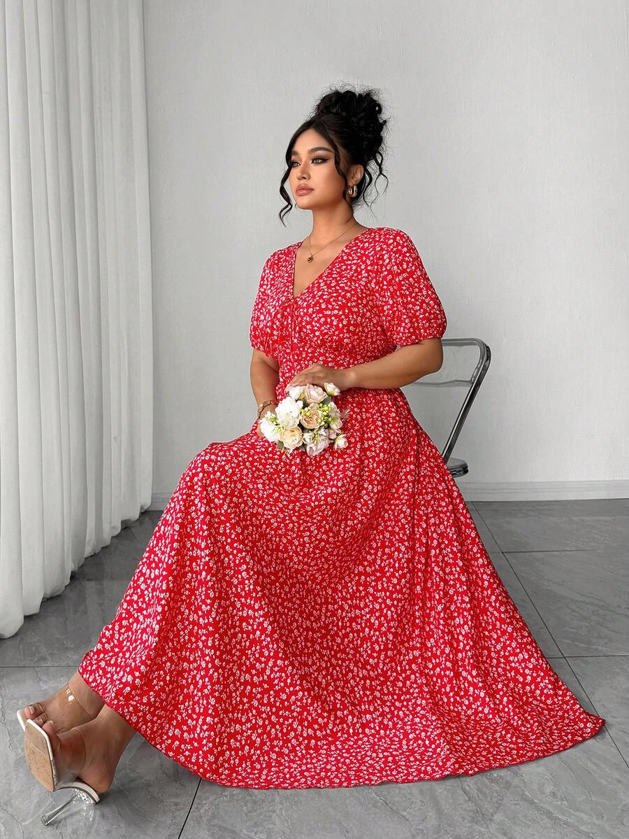 Elenzga Fashionable Casual Spring/Summer Vacation French Romantic Retro Elegant Tie Bow Red Ditsy Floral Dress - Red - View 1