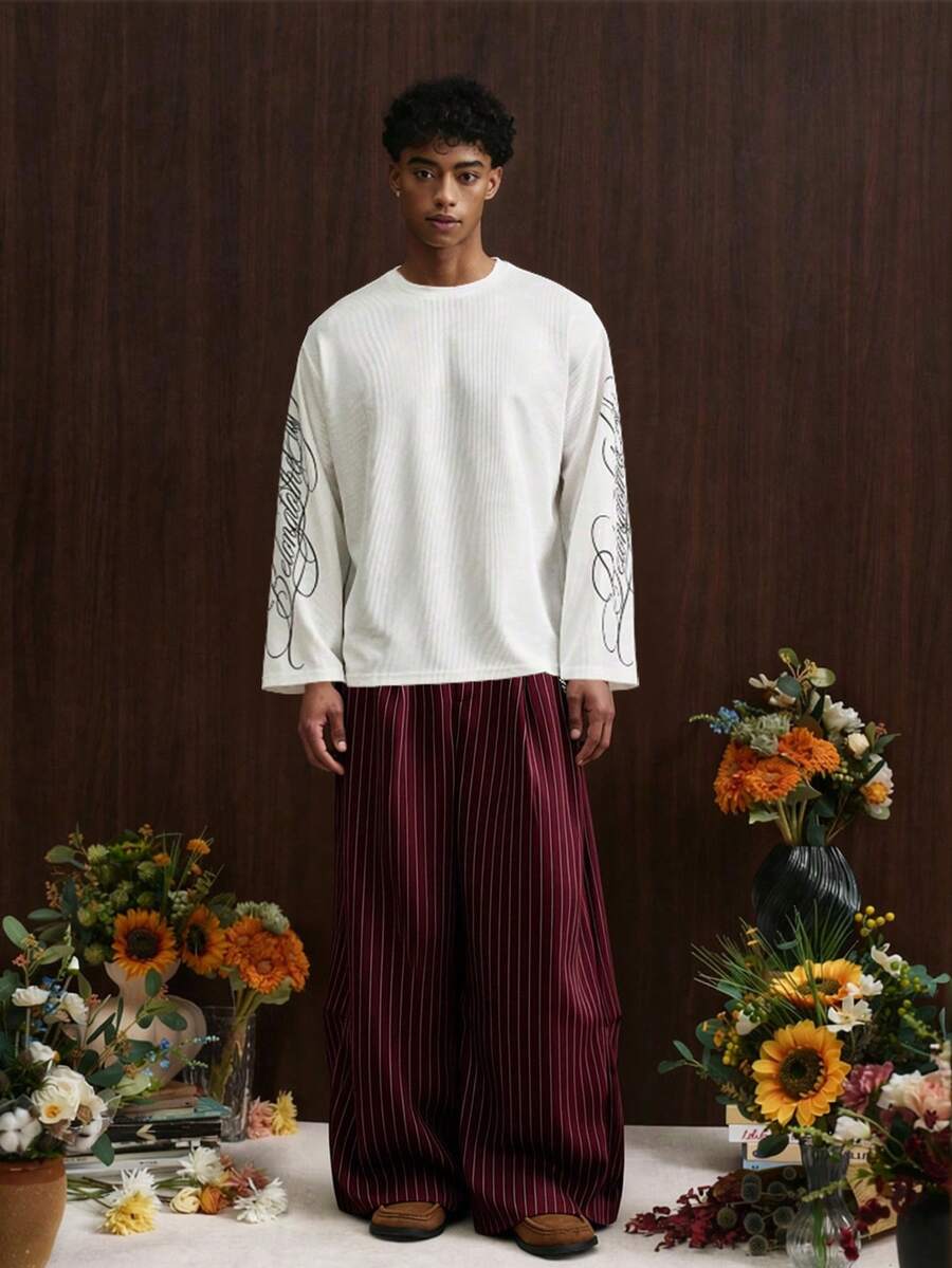 TOKVUE Pantalones de pierna ancha a rayas para hombre, pantalones holgados plisados a rayas finas, ropa de calle casual para ir al trabajo, estilo elegante de dinero antiguo para otoño - Óxido marrón - Ver 1