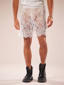 FeverCity Men's Sexy Floral Lace Shorts - White - View 4