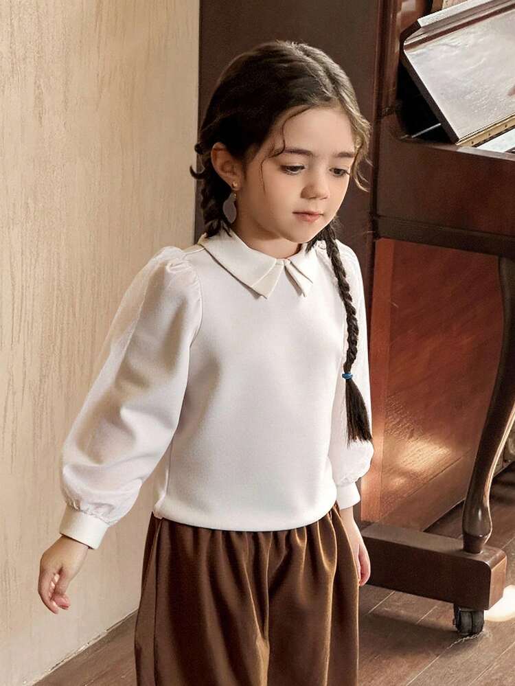 Young Girls Collared Mesh Patchwork Long Sleeve Solid Color Blouse